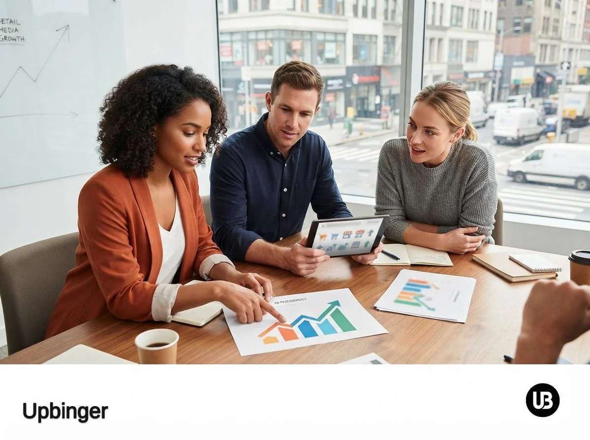 Marketing team in a modern office reviewing abstract reports and dashboards that suggest rapid growth in retail media channels.