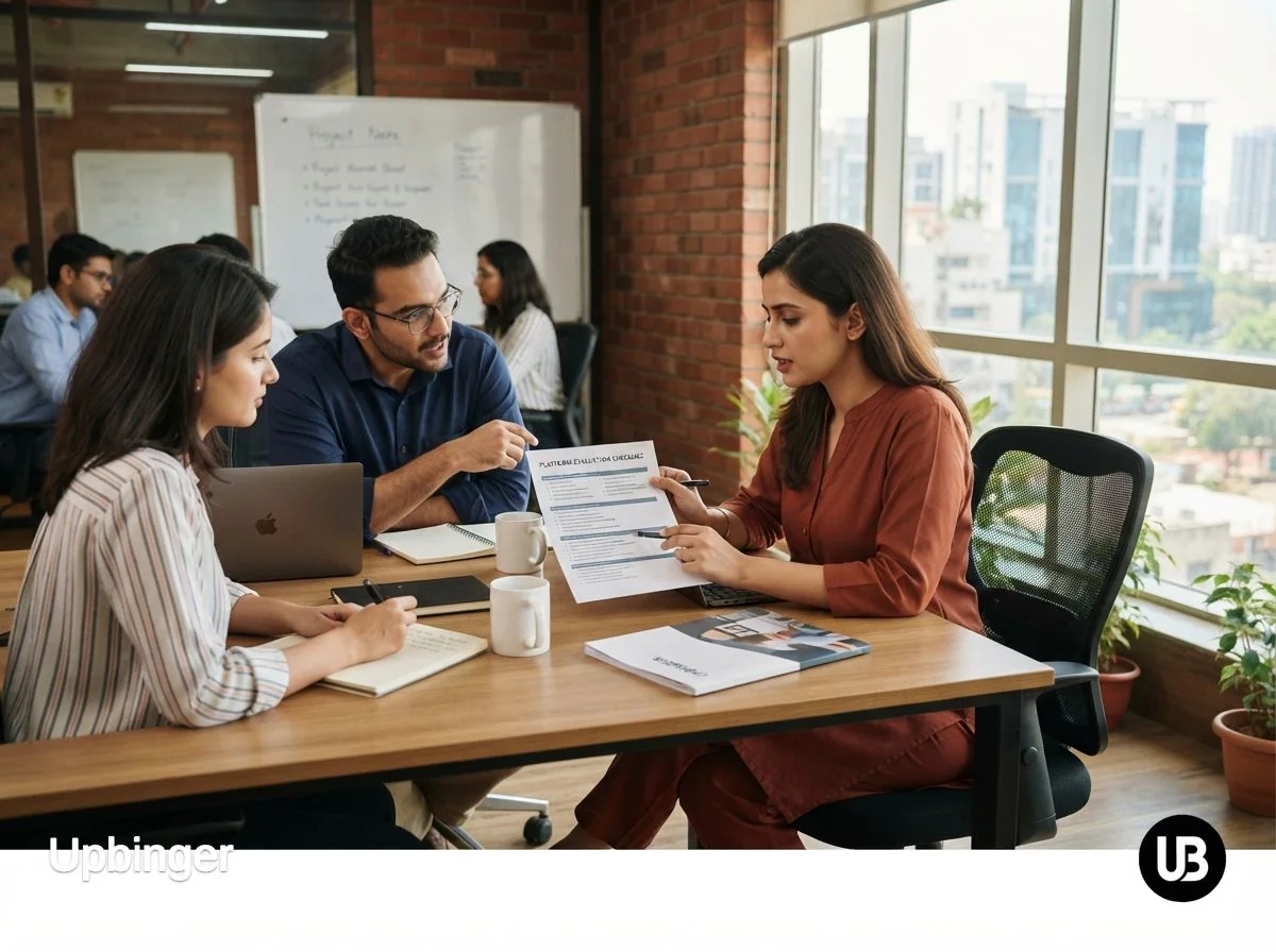 Marketing team in a modern Indian office comparing SEO and AEO strategies on a notepad and glass board, symbolizing a unified brief for AI-powered platforms.