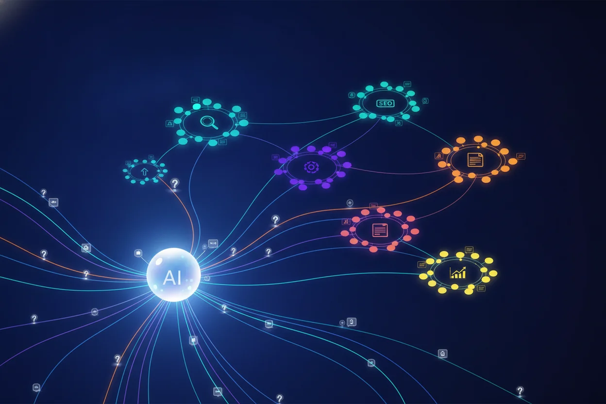 Abstract illustration of an AI system transforming many scattered question icons into organized clusters of connected nodes that resemble a topic map.