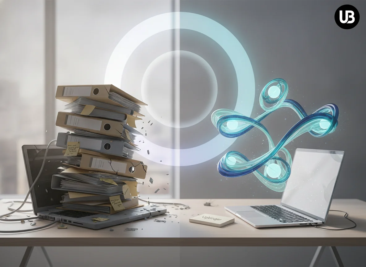 Conceptual illustration of an old, crumbling stack of traditional SEO tools beside a sleek, AI-driven workspace, symbolizing why legacy SEO stacks are breaking in the era of AI search.