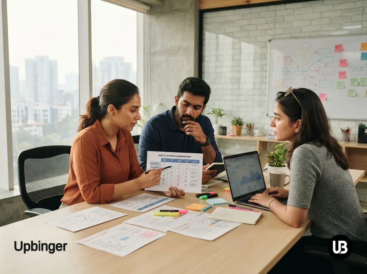 Marketing and SEO team in a modern Indian office collaboratively reviewing documents and a laptop while choosing an AI-powered SEO platform that fits their strategy.