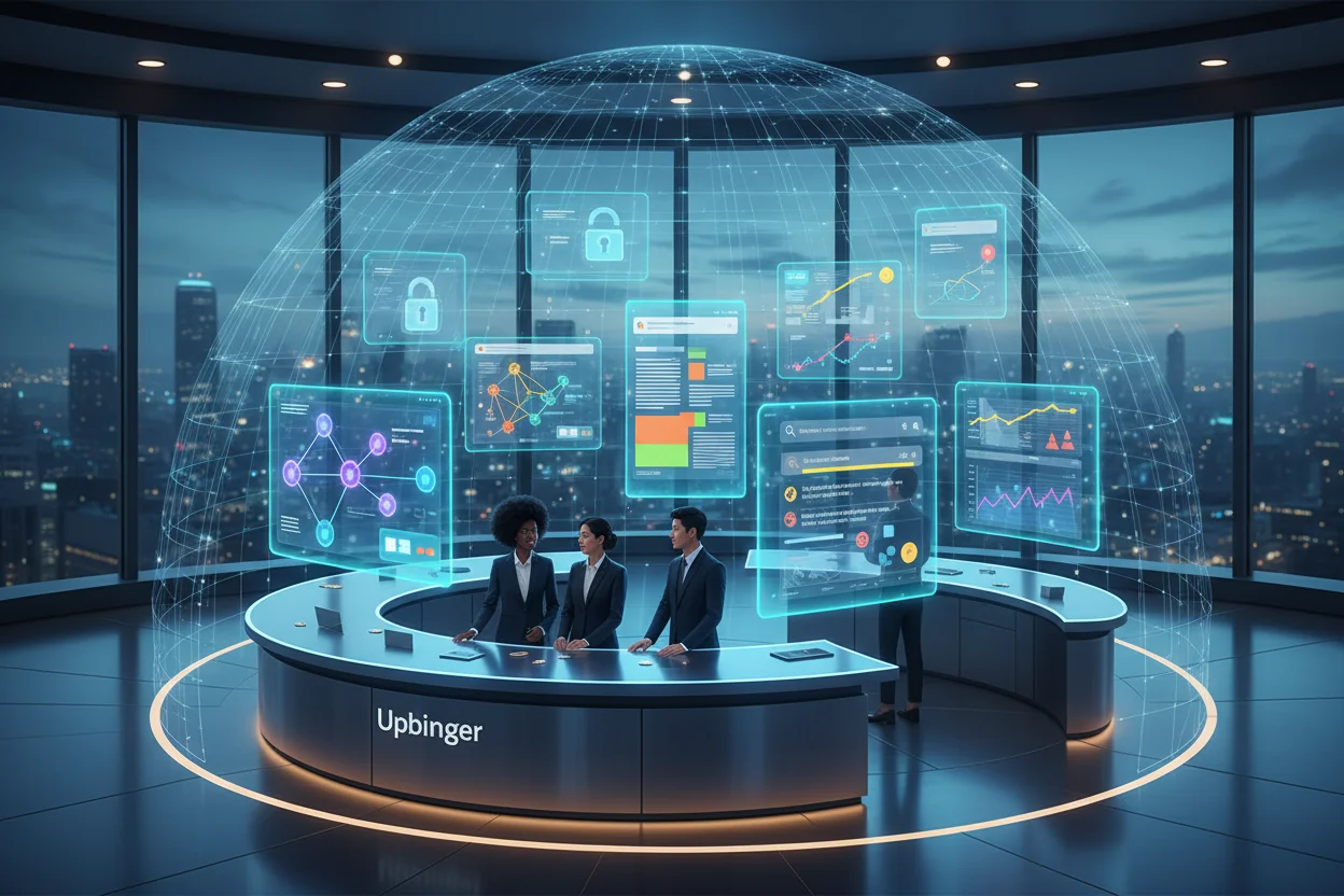 Editorial illustration of marketers in a high‑tech workspace using a layered AI SEO control console with research, writing, optimization, and monitoring panels under a translucent governance dome.