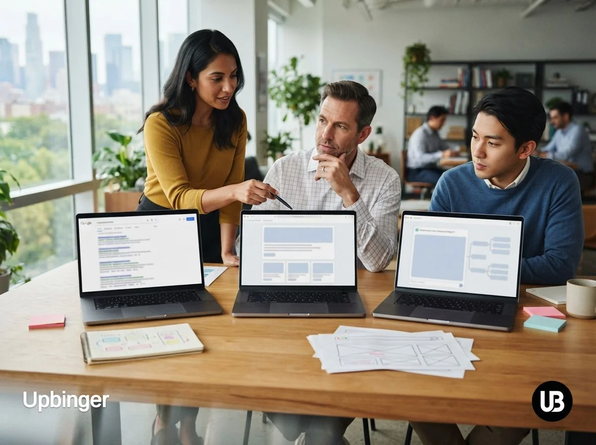 Marketing team in a bright office comparing three laptops that each show different abstract views of search and answer results, suggesting the difference between SEO, AEO, and generative engine optimization.