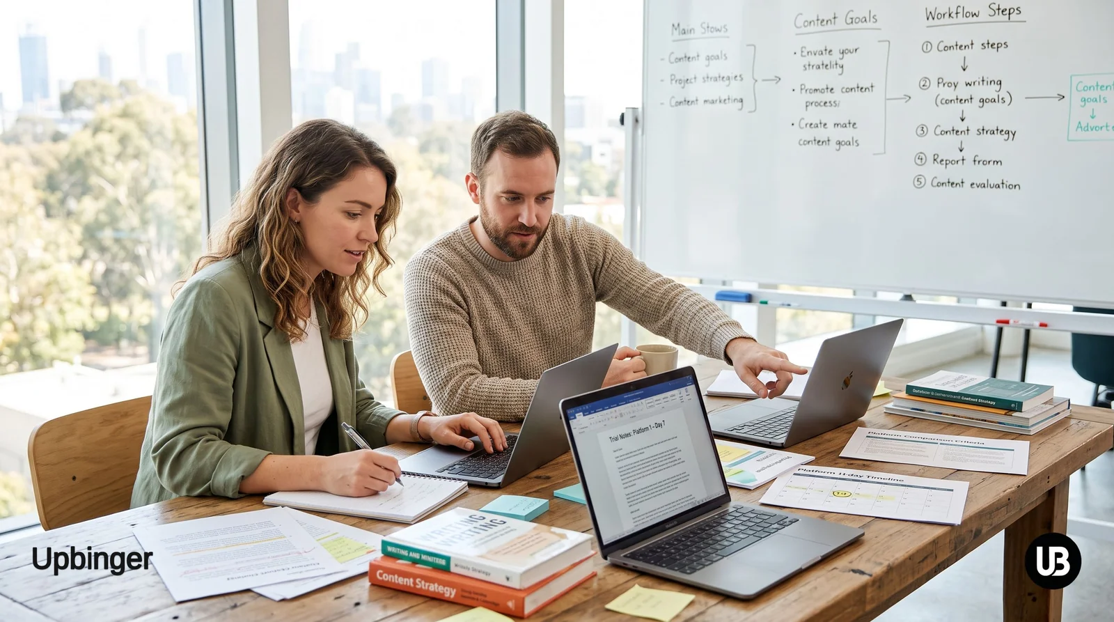 Marketing team gathered around a large table, comparing multiple laptops and notes to evaluate different AI content creation platforms during a time-boxed trial.