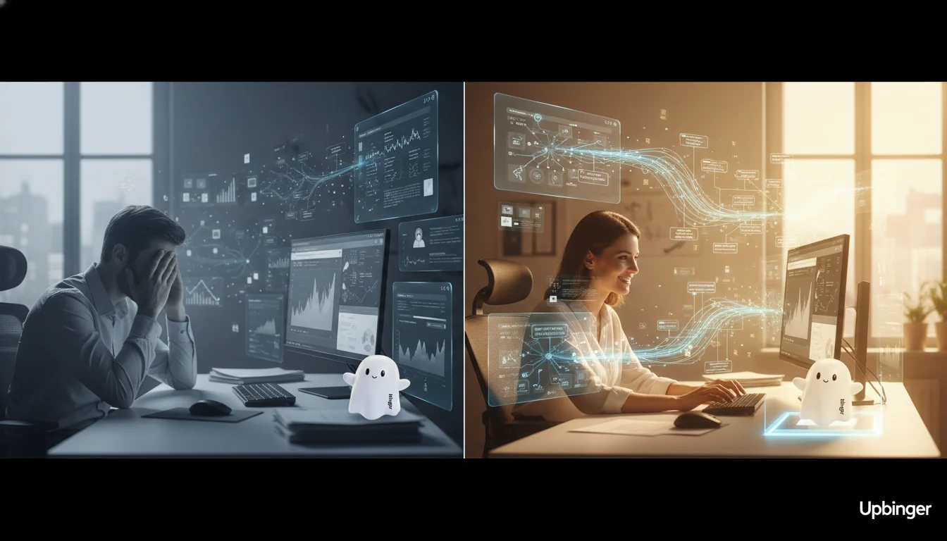 A wide editorial scene showing a marketing team moving from stalled SEO performance in a dim workspace to AI-powered organic traffic growth in a brighter, data-rich environment.