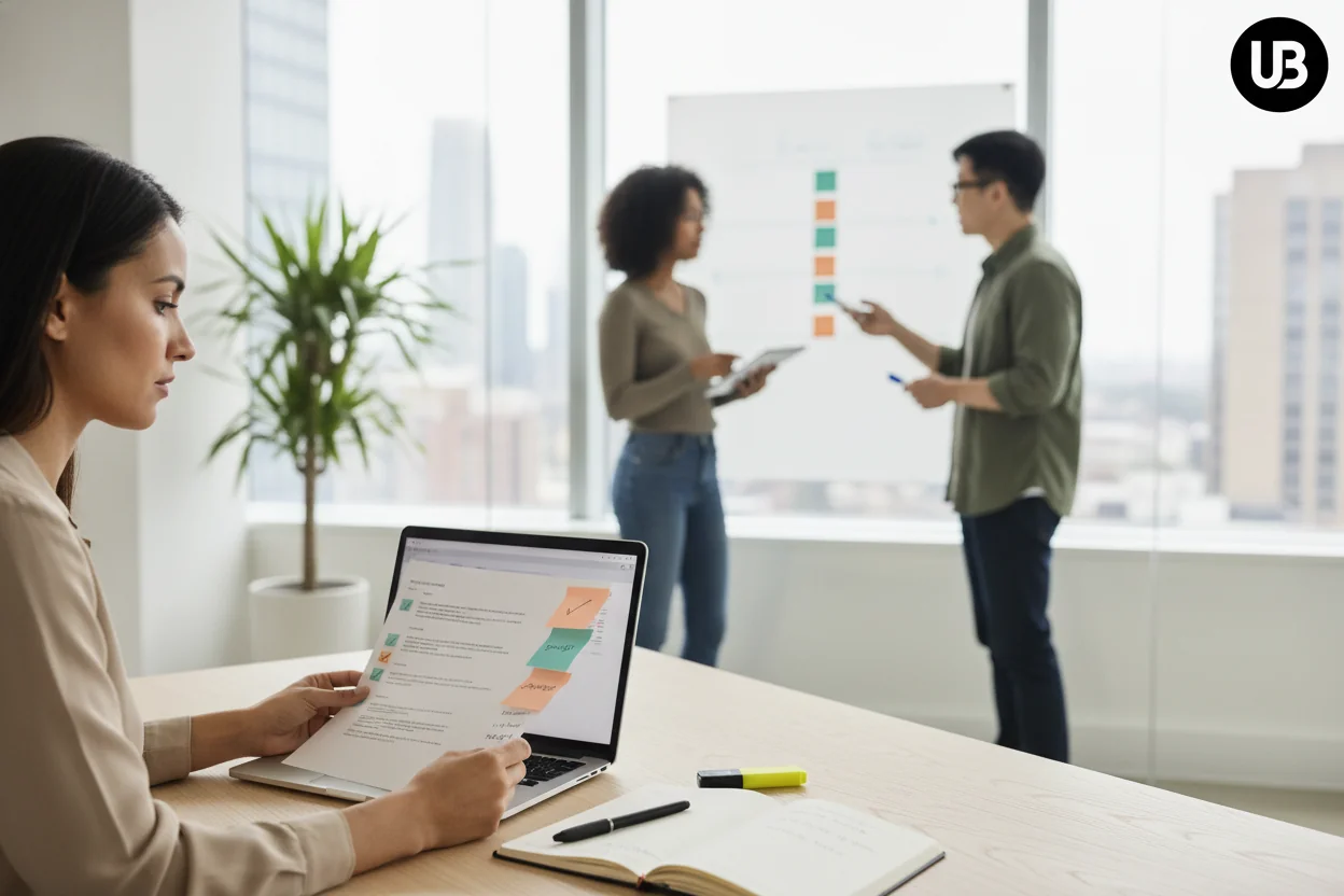Marketing team in a bright office following a structured, step-by-step process to create SEO content with AI, shown through a content brief, laptop, and discussion by a whiteboard.