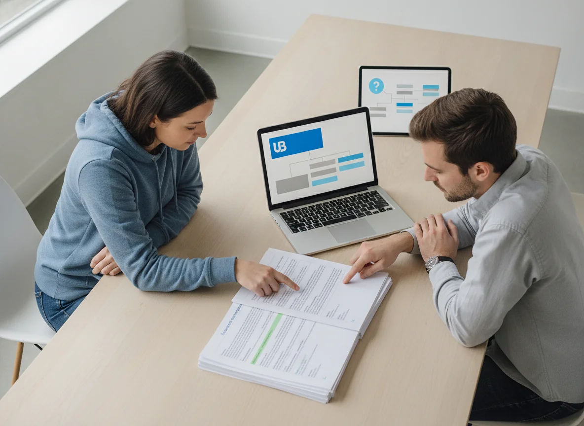 Two professionals at a bright desk organizing content into clearly structured blocks on a laptop and printed pages, emphasizing concise opening sections followed by detailed support.