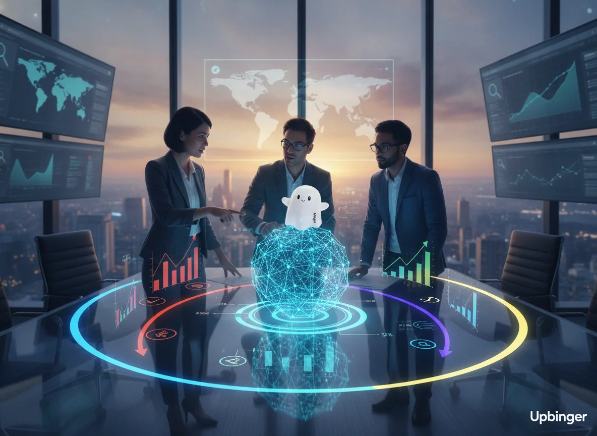 Enterprise marketing team analyzing AI-driven SEO analytics around a futuristic data table where an AI core connects multiple metric streams into a unified ROI view.