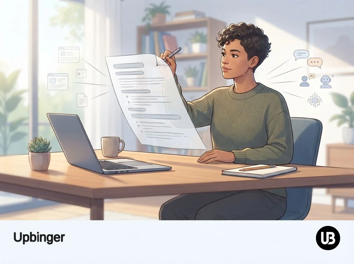 Illustrated scene of an SEO strategist guiding a floating, in-progress document that branches toward classic search results and AI assistant responses, symbolizing prompt engineering for SEO and AEO.