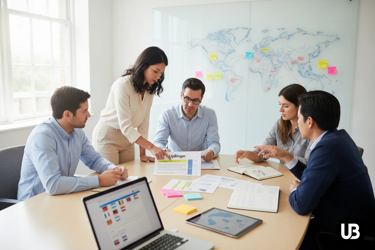 Global marketing team collaborates around a table with multi-language content drafts and devices showing blurred dashboards, suggesting coordinated international SEO and localization work.