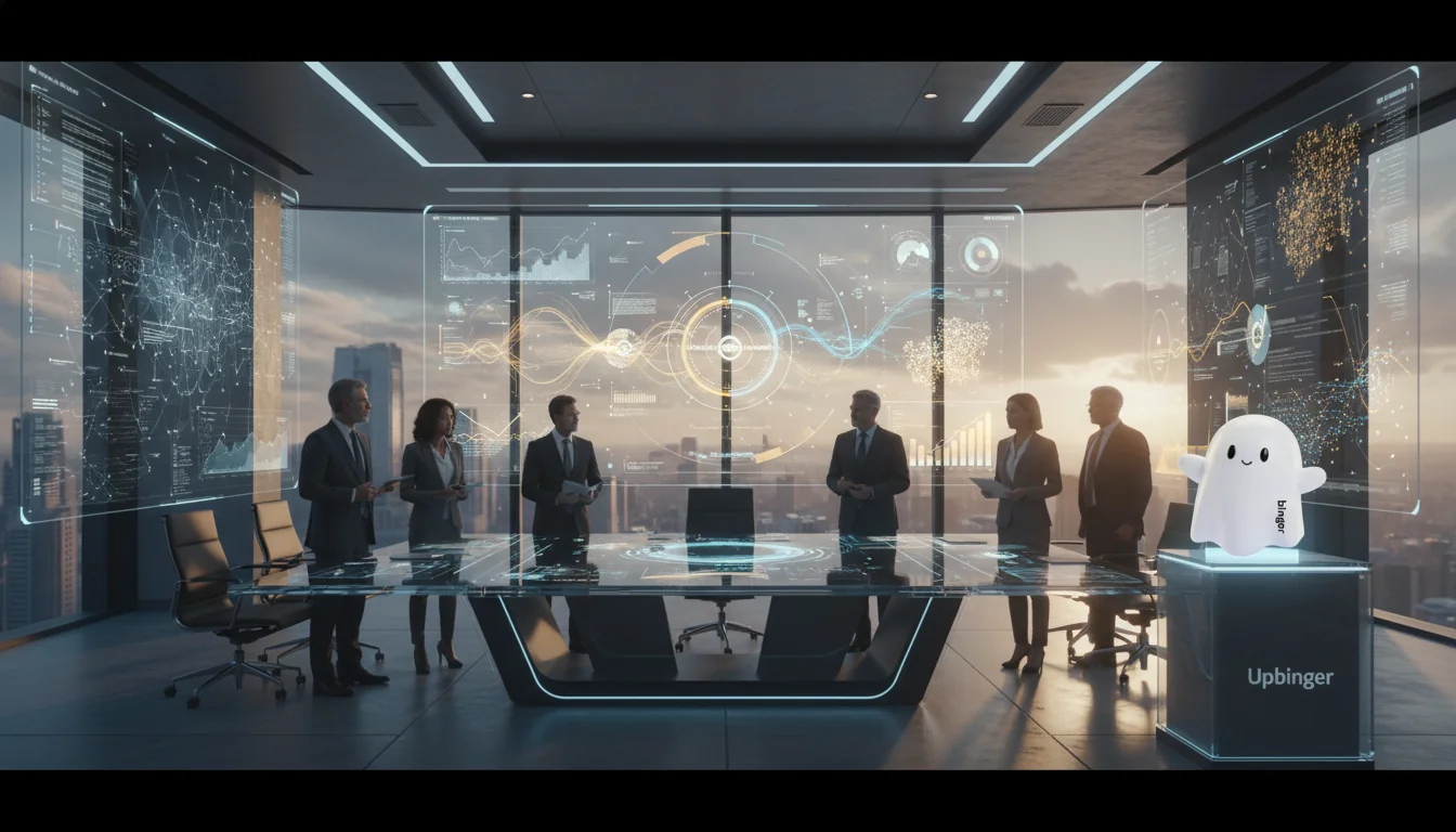 A futuristic executive team in a glass-walled command center uses abstract AI-driven data visualizations to turn chaotic market signals into clear strategic insights, with a city skyline behind them at dawn.