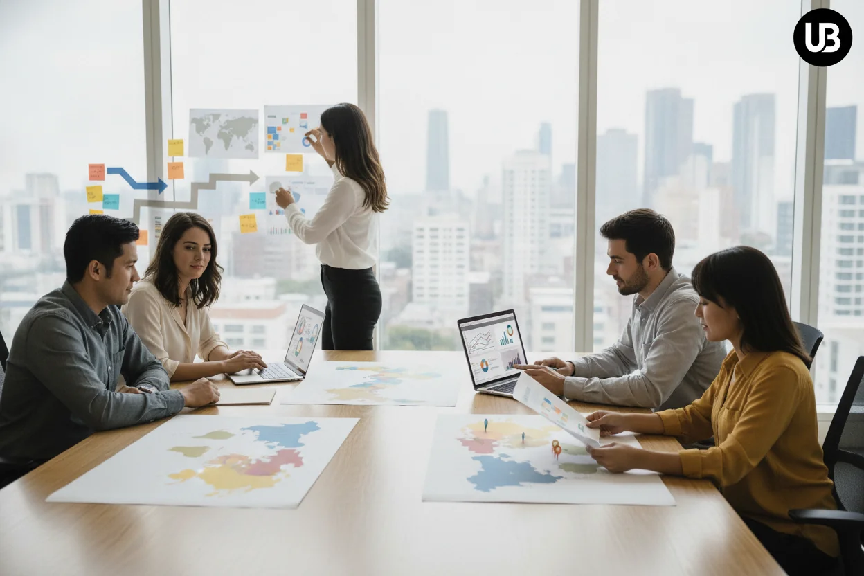 Enterprise marketing team collaborating in a bright office, reviewing maps and analytics on laptops and a wall layout that suggests a global-to-local content pipeline.