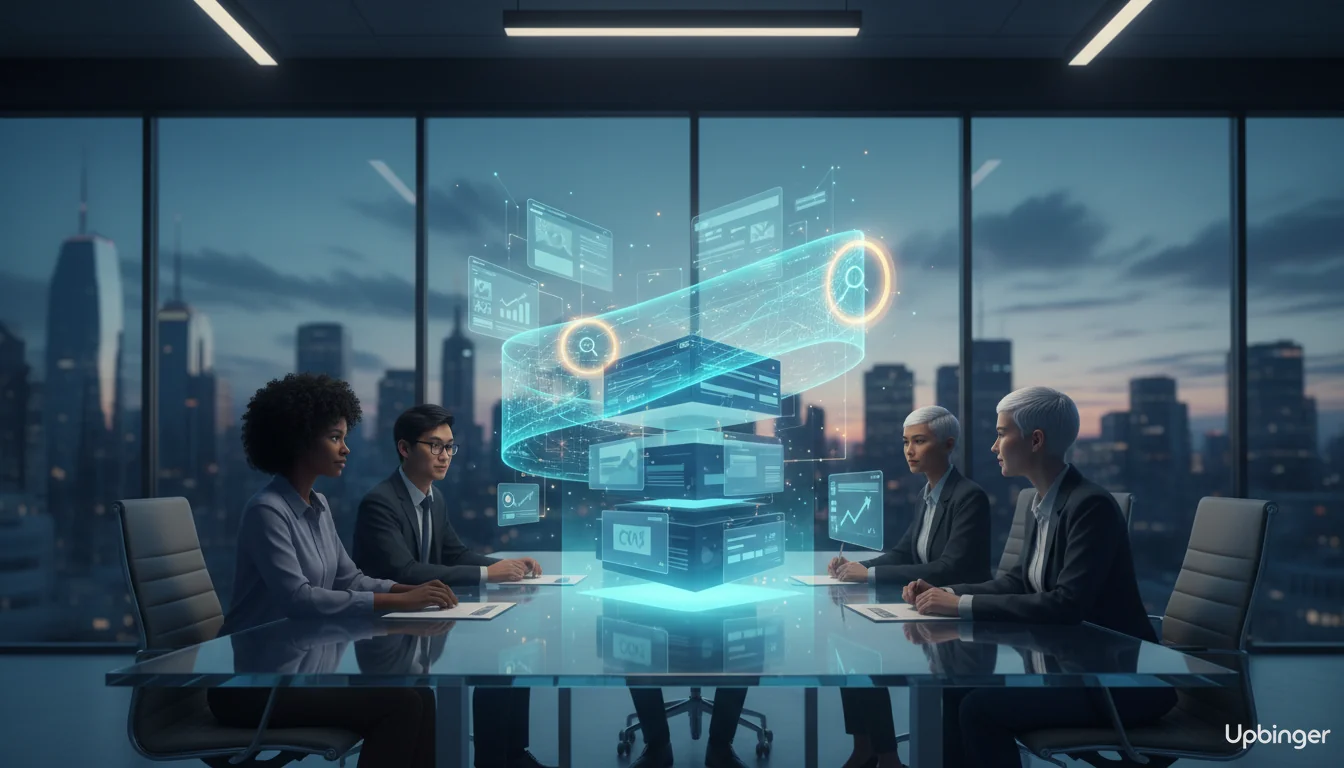 Editorial illustration of a marketing team adding a glowing AI layer on top of an existing digital tool stack, symbolizing AI content optimization without rebuilding infrastructure.
