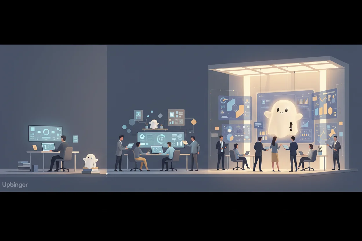 Editorial illustration comparing small basic software use on the left with a large collaborative enterprise content operation on the right, showing a visual progression in scale, features, and value.