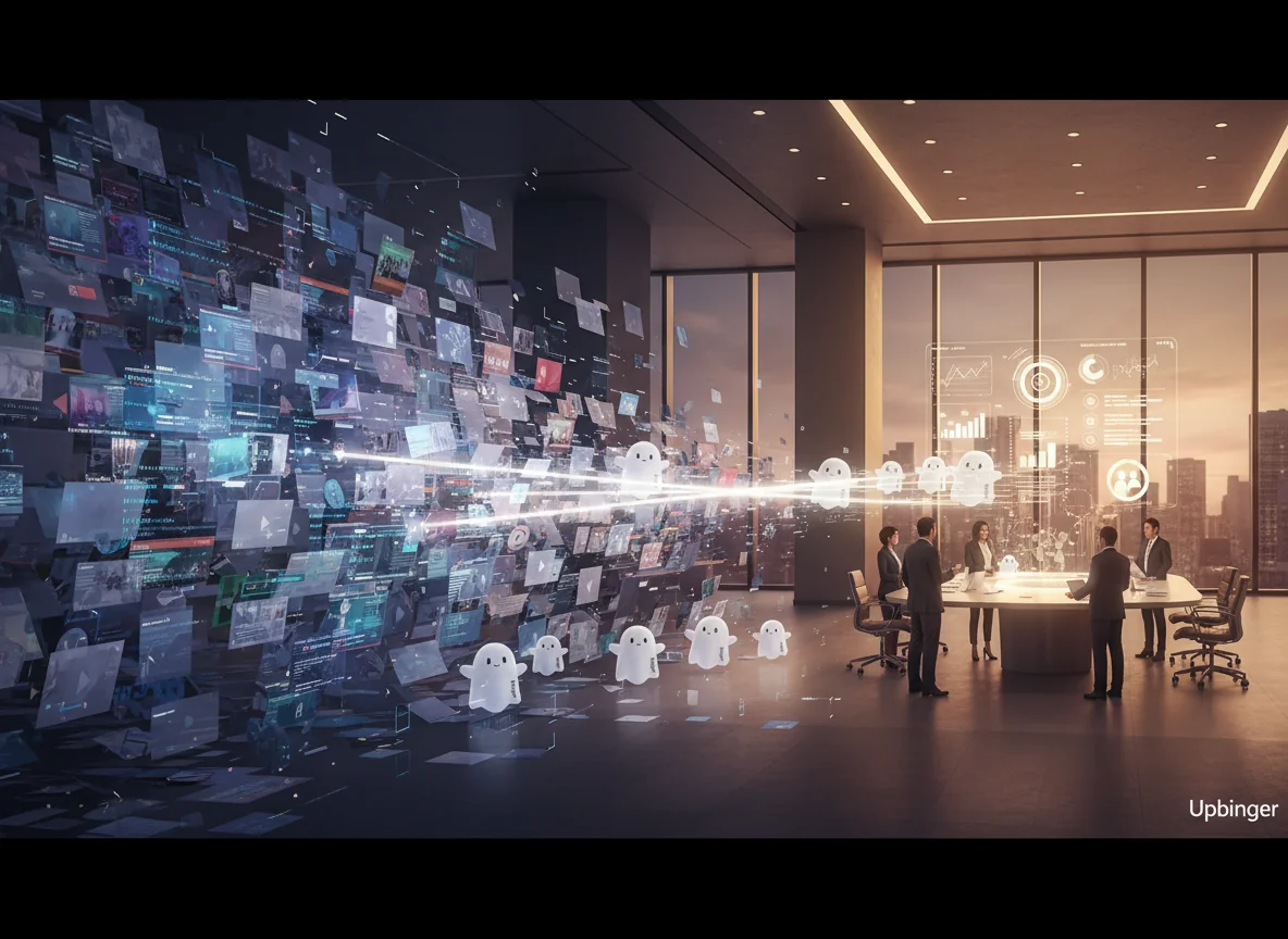 Editorial illustration of chaotic content output transforming into organized intelligence signals guiding a leadership team in a strategy room.