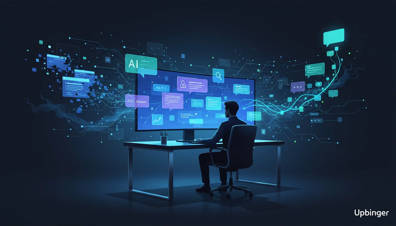 Editorial illustration of a digital marketer at a computer surrounded by glowing AI answer panels and data streams, symbolizing AI-driven SEO and organic growth in modern search