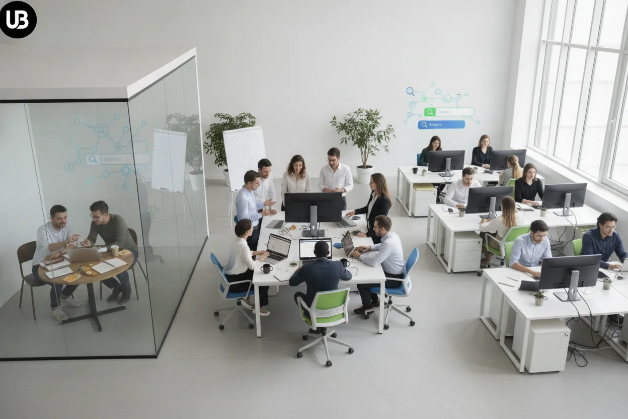Modern open-plan office with three zones showing a tiny duo, a mid-sized group, and a larger coordinated team working with laptops and screens, symbolizing different team sizes and AI SEO tool maturity.