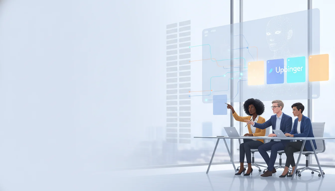 Content strategists in a modern office reviewing an abstract holographic interface that contrasts many faded search results with a few highlighted sources chosen by an AI assistant.