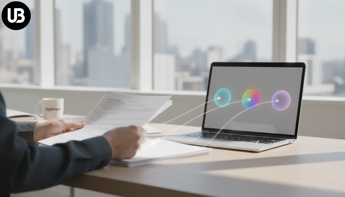 Writer organizing printed pages at a bright desk while a laptop shows abstract glowing orbs representing different AI assistants, with subtle light lines flowing from the documents toward the orbs.