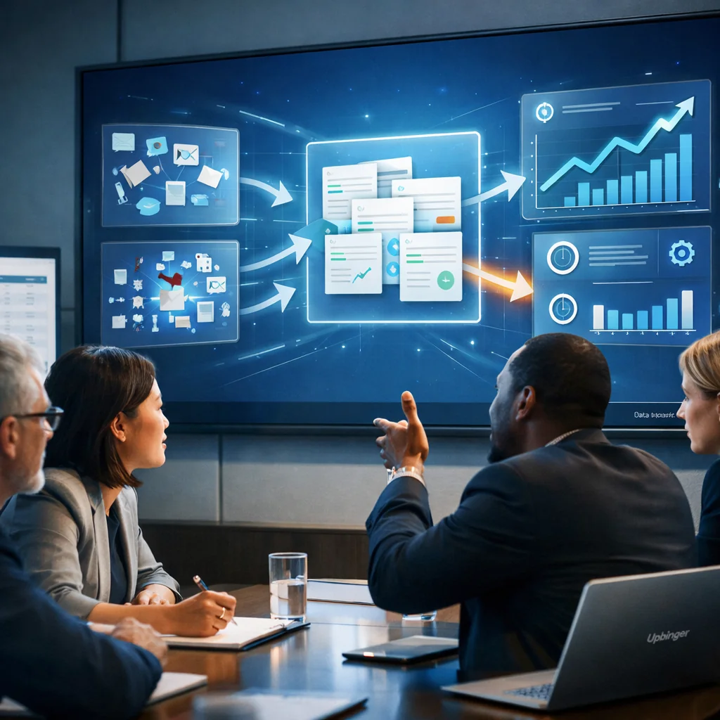 A team in a modern conference room watches a live AI platform demo on a large screen while a static comparison sheet fades into the background, emphasizing the power of seeing a workflow in action.