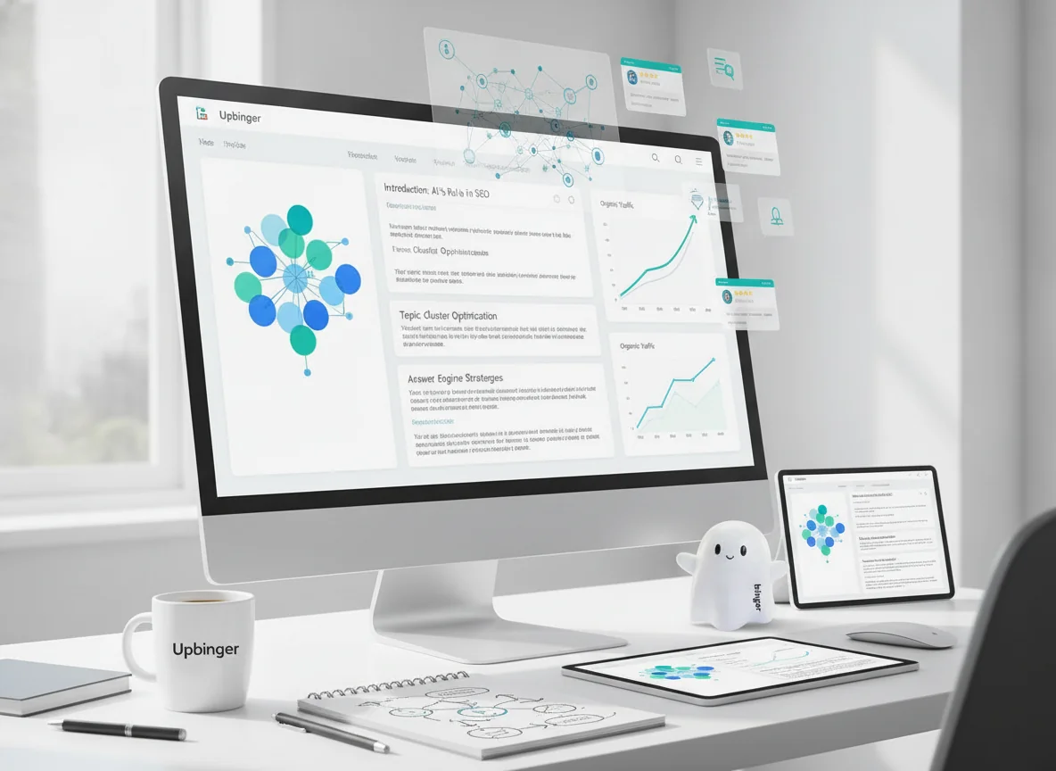 Illustrated modern workspace showing a marketer’s screen with keyword clusters, content drafts, and performance charts, symbolizing the essential features of an AI SEO platform, with a coffee mug labeled Upbinger on the desk.