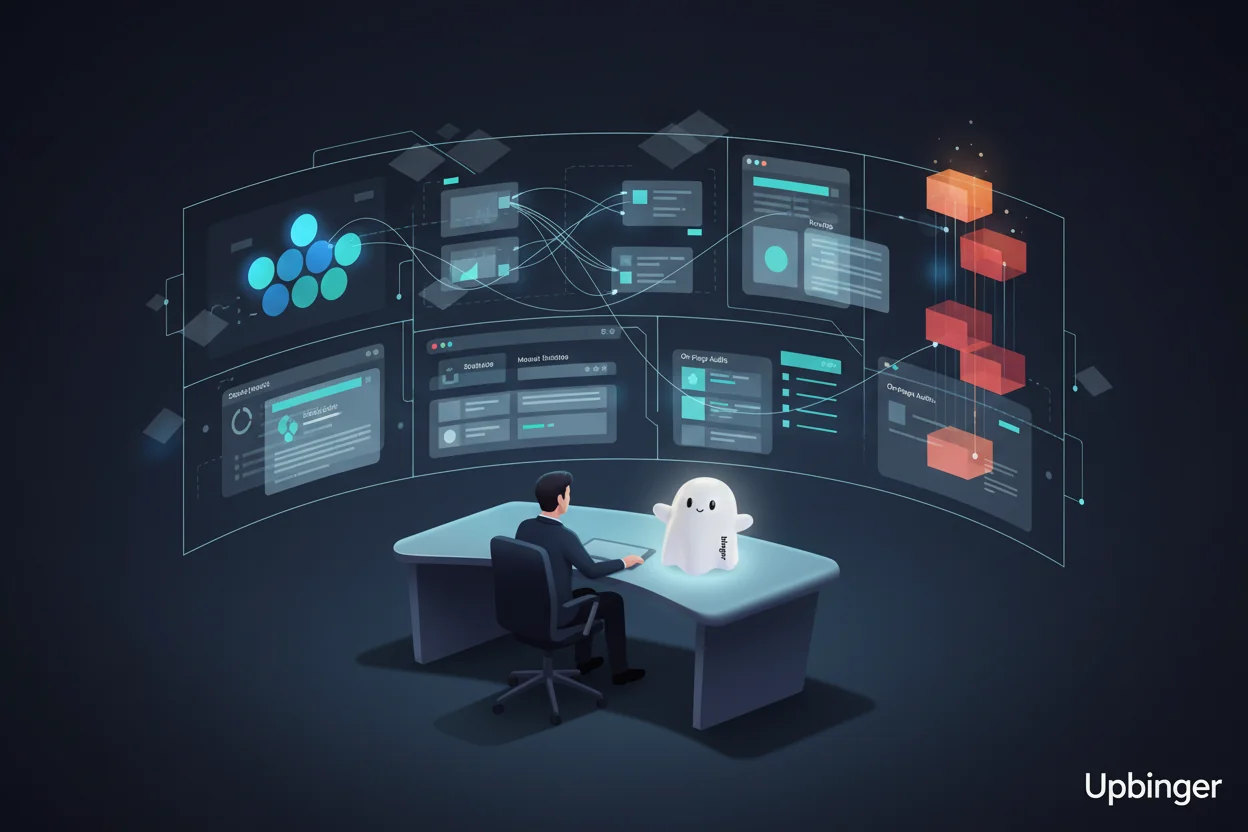 Editorial illustration of a strategist in a control-room-like workspace where AI-powered systems streamline every layer of the SEO workflow, from clustering and analysis to linking, audits, and prioritization.