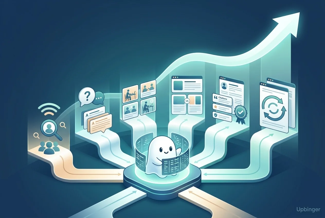Editorial illustration of an AI system connecting six content strategy pathways into a rising organic growth trajectory.