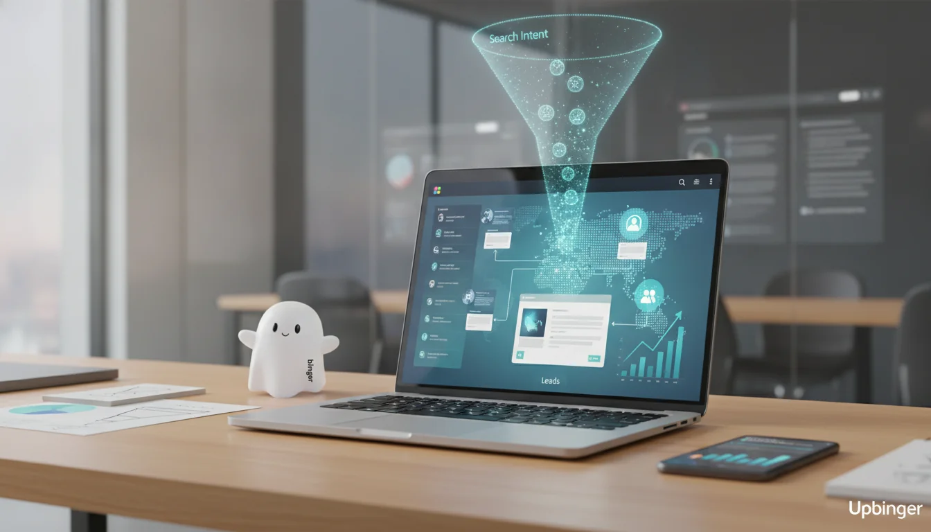 Editorial illustration of a marketer’s desk with an AI SEO content platform dashboard on a laptop, visualizing search data flowing through a funnel into organic leads.