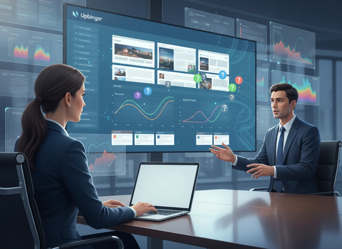 Enterprise marketing leader in a conference room critically evaluating an AI content platform demo on a large screen, with the vendor presenting complex analytics and site visuals.