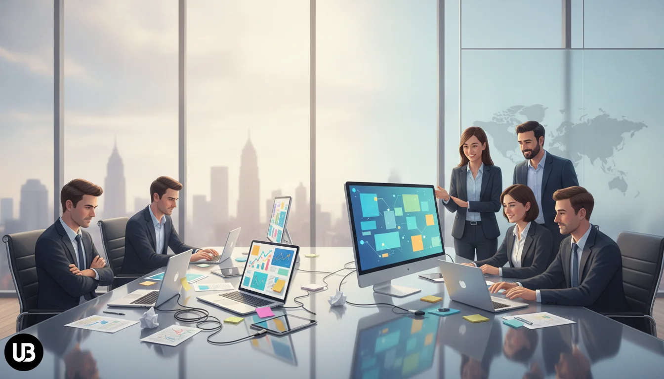 Enterprise marketing team in a modern office comparing a cluttered set of separate digital tools on one side of a conference table with a single unified AI platform on the other, symbolizing the choice between point tools and an integrated AI SEO content solution.