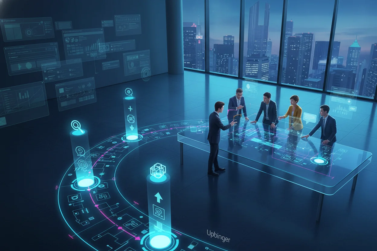 Conceptual illustration of a digital roadmap made of interconnected answer nodes leading from traditional SEO visuals to AI assistant interfaces, with a product team in a modern lab reviewing the evolving answer graph.