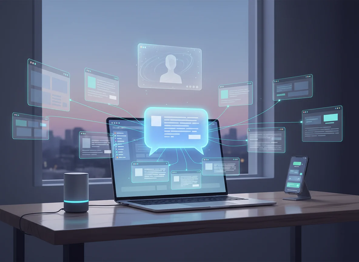 Editorial illustration of a 2026 workspace where a laptop shows an AI-generated answer with highlighted cited snippets from multiple structured web pages, surrounded by devices representing modern answer engines and AI assistants.