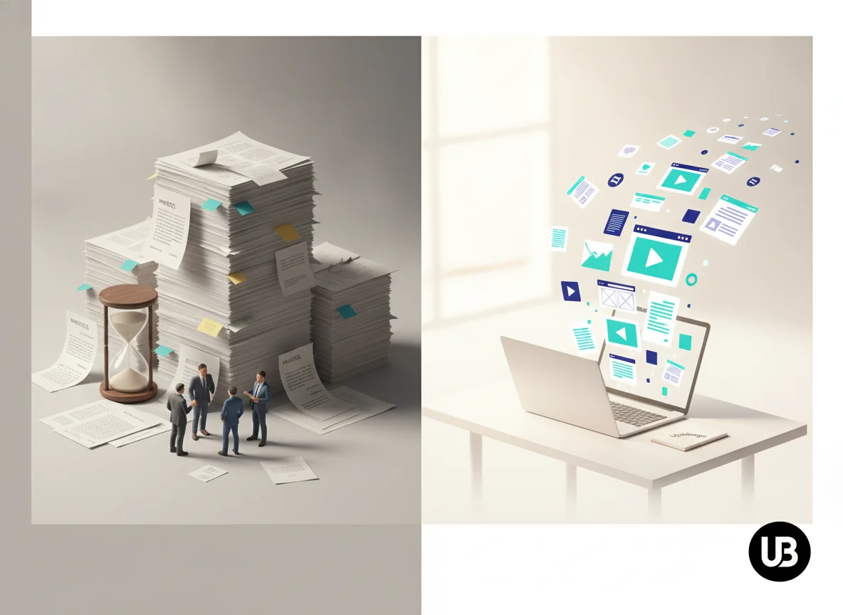 Editorial illustration contrasting a cluttered, invoice-filled desk symbolizing agency retainers with a clean, efficient workstation producing abundant content from a single laptop, representing an AI-powered content platform with better ROI.