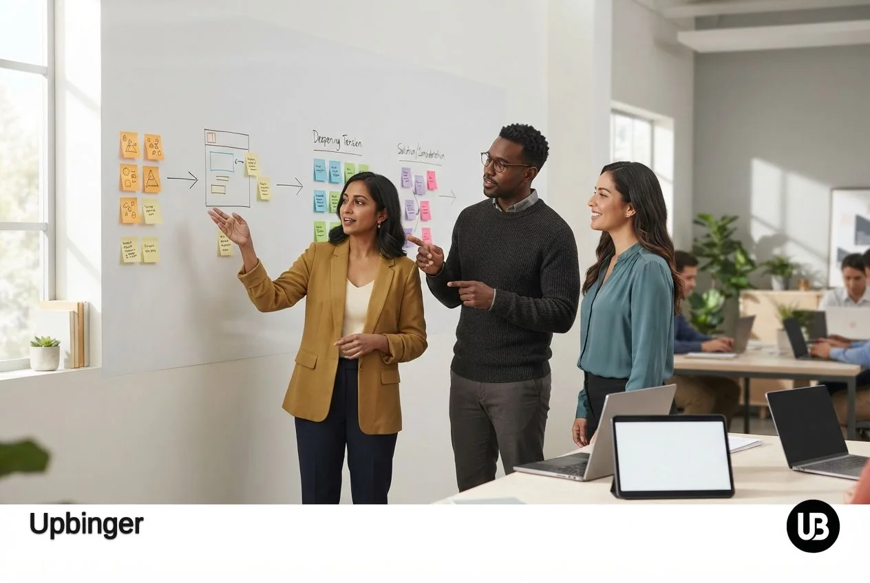 Marketing team standing around a whiteboard, mapping a sequenced set of campaign touchpoints that visually resemble a customer journey from problem to consideration.