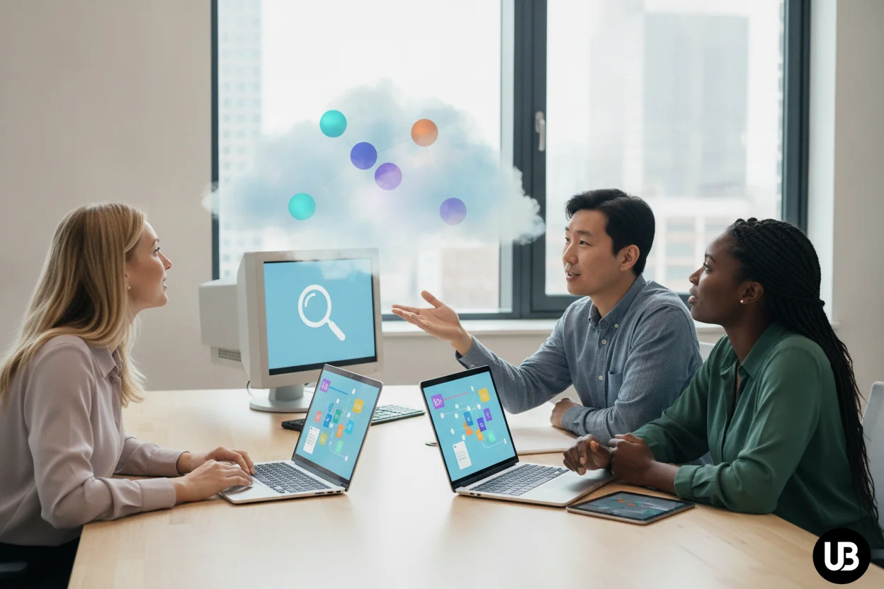 Marketing team in a bright modern office looking from a traditional desktop search screen toward a glowing, cloud-like AI interface above their laptops, symbolizing the shift from SEO to AI-driven answer and generative engines.