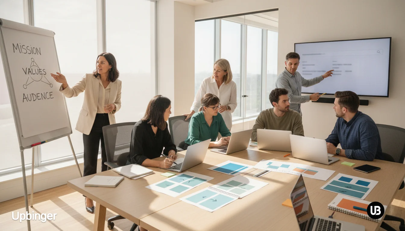Creative marketing team in a bright conference room translating brand mission and values on a whiteboard into digital ad and search messaging on a large screen.