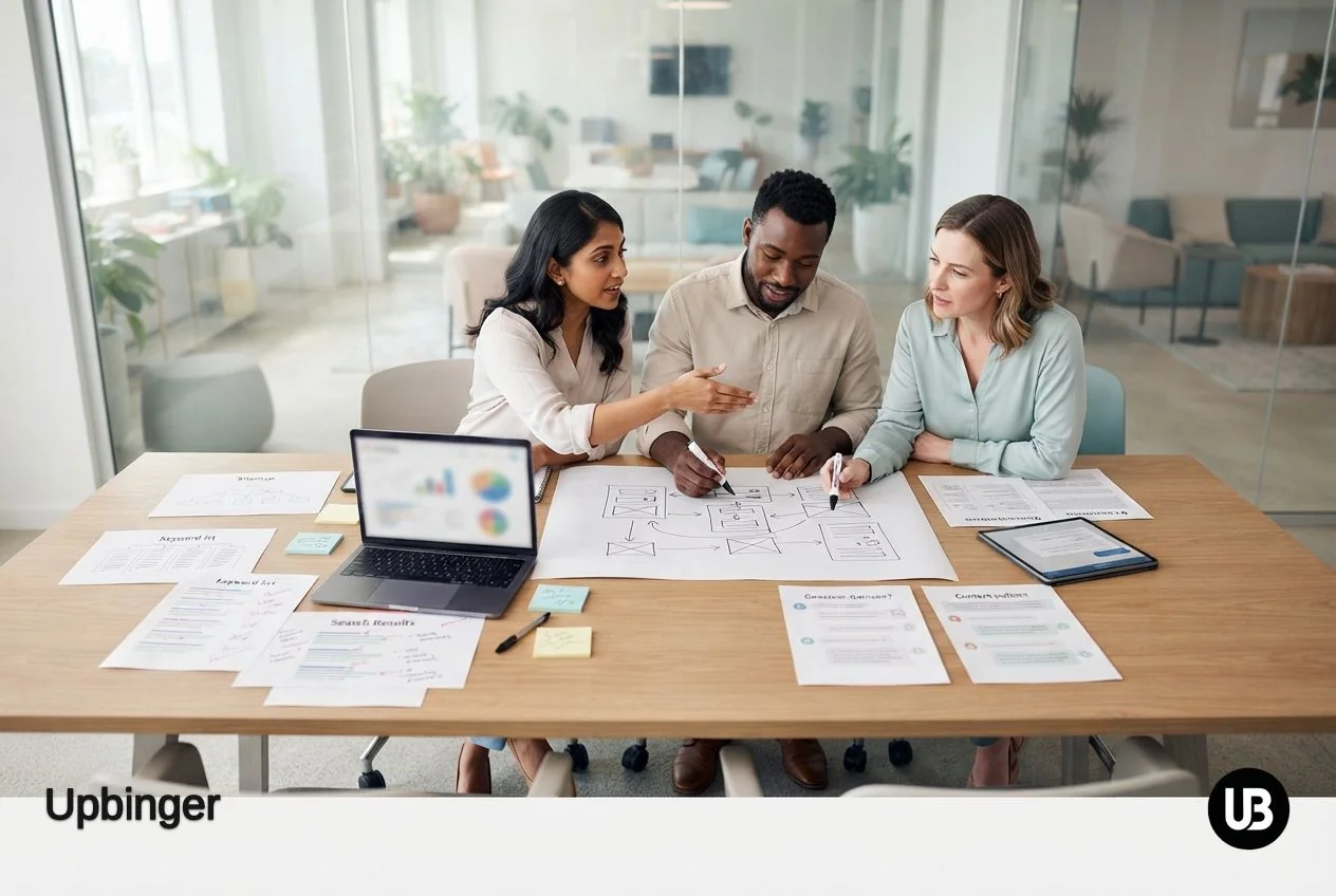 Team of marketers around a table connecting traditional SEO documents on one side and AI-oriented content outlines on the other with a single unified plan in the center.