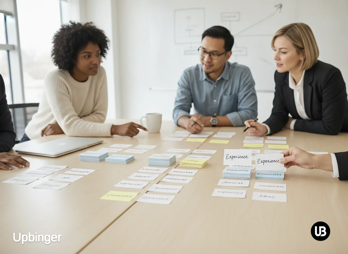 Marketing team organizing handwritten cards and notes on a table, arranging them into clusters like building blocks to clarify brand messaging.