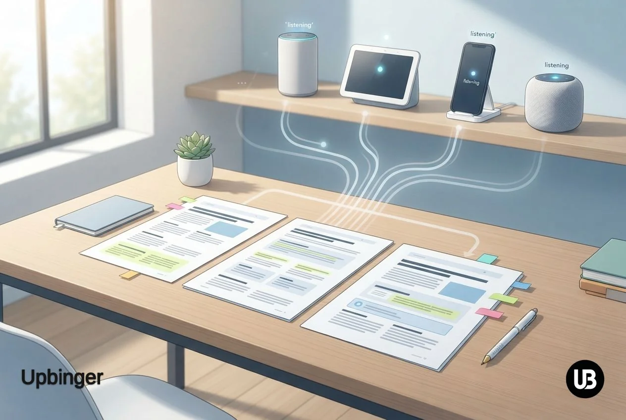 Editorial illustration of structured web content on a desk with organized lines flowing up toward several generic smart assistants, symbolizing a systematic workflow for winning AI assistant citations.