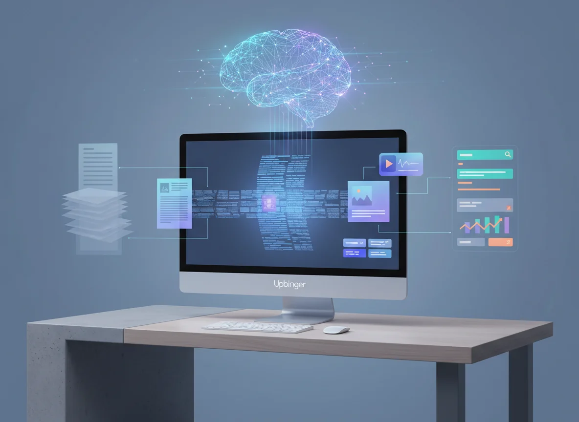 Conceptual illustration of AI content creation software transforming text into multiple content formats while also boosting search and answer engine results.
