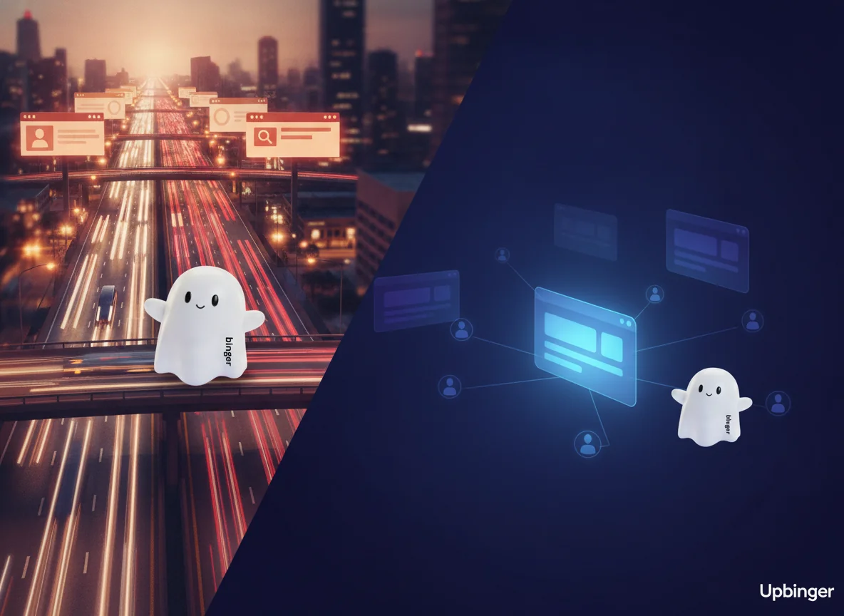Conceptual illustration showing busy web traffic on a glowing highway transitioning into calm AI answer panels, symbolizing the shift from SEO traffic to trusted AI-generated answers.