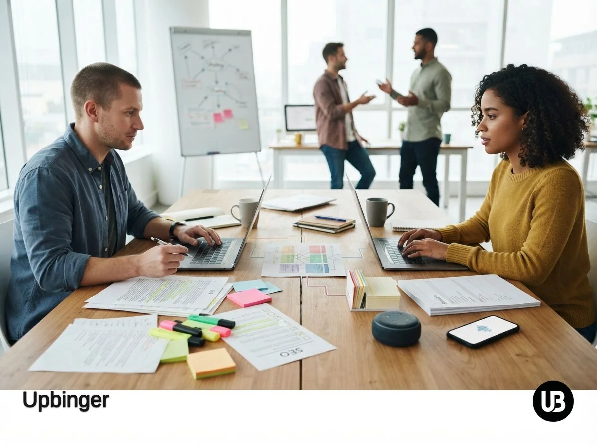 Marketing team workspace with two contrasting setups on one table, one messy and focused on traditional SEO, the other structured with cues of AI assistants, illustrating the shift from SEO to AEO optimization.