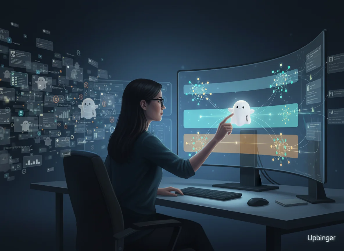An editorial illustration of a content strategist using an AI interface that transforms a chaotic cloud of keywords into a few precise, glowing topic clusters aligned along the buyer journey.