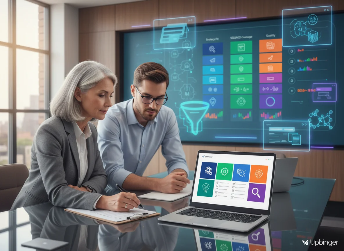 Enterprise marketing leaders in a modern conference room using a structured checklist and comparison dashboard to evaluate multiple AI SEO platforms side by side.