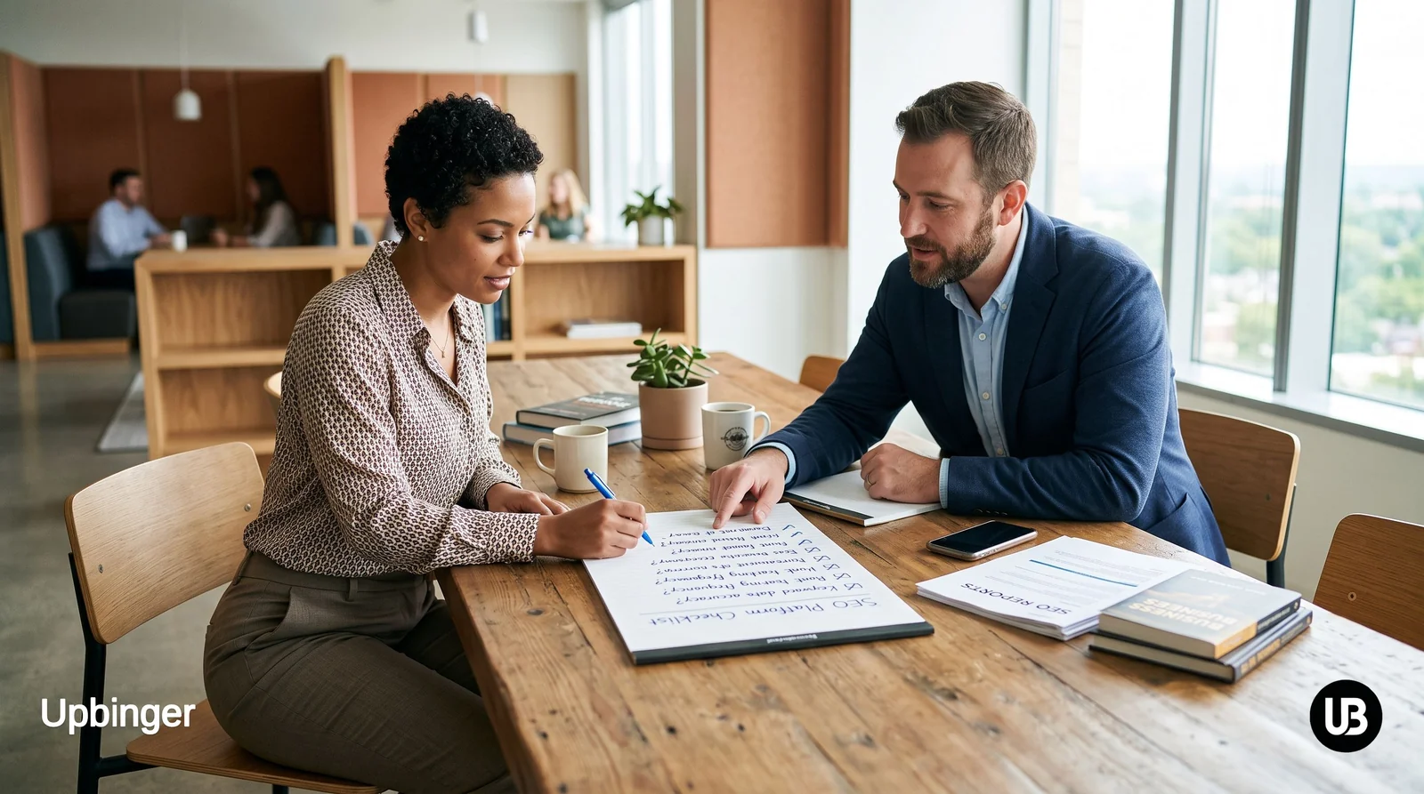 A diverse team in a bright conference room reviewing a printed platform evaluation checklist while discussing options for an AI SEO platform.