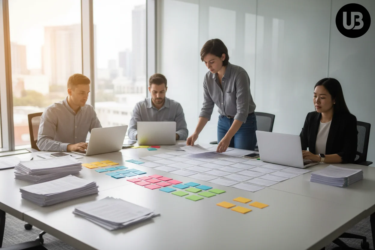 Content strategists in a bright meeting room sorting printed pages and colored cards on a table, visually representing how answer engines parse and rank entity‑rich documents from many inputs into a few prioritized outputs.