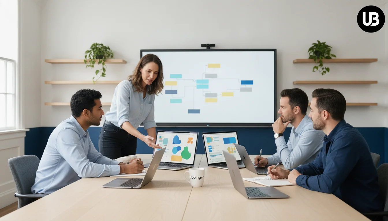 Content marketing team in a modern office collaboratively comparing AI SEO tools on laptops around a large table, with a blurred framework diagram on a wall screen behind them.