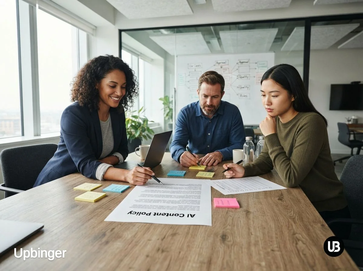 Content and marketing team in a bright conference room reviewing a printed AI content policy document on a table, surrounded by notes and laptops, emphasizing structured governance of AI use in content creation.
