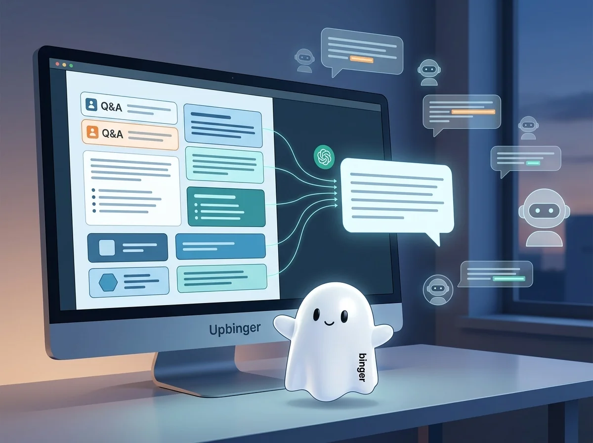 Illustrated digital workspace showing a structured article on a screen feeding into AI-generated answer bubbles, symbolizing answer engine optimization and Upbinger’s role in making content machine-readable for AI assistants.