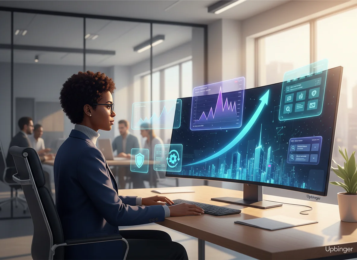 Illustrated marketing professional comparing AI content platform dashboards on a large screen, choosing a solution that shows smooth, compounding growth and scalable content operations.